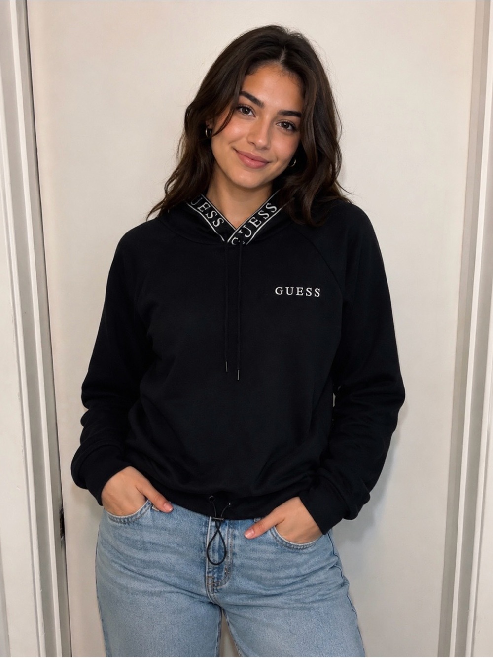 Guess Black Logo Pullover Hoodie with Branded Trim